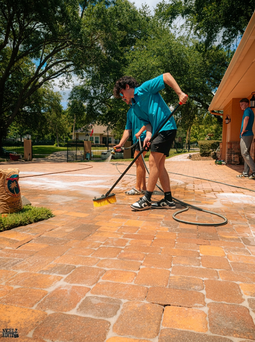 Wash Experts technician sealing pavers in Orlando